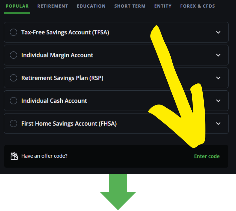 Clicking the enter code button on the account creation page